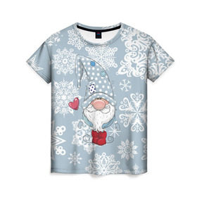 Женская футболка 3D с принтом Милый гномик в Екатеринбурге, 100% полиэфир ( синтетическое хлопкоподобное полотно) | прямой крой, круглый вырез горловины, длина до линии бедер | happy new year | волшебство | гном | гномик | новый год | снег | снежинки