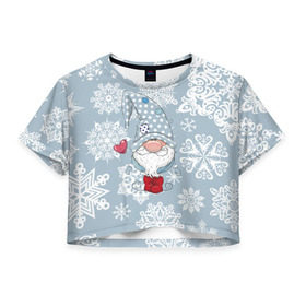Женская футболка 3D укороченная с принтом Милый гномик в Екатеринбурге, 100% полиэстер | круглая горловина, длина футболки до линии талии, рукава с отворотами | happy new year | волшебство | гном | гномик | новый год | снег | снежинки