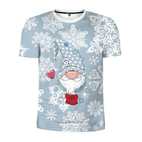 Мужская футболка 3D спортивная с принтом Милый гномик в Екатеринбурге, 100% полиэстер с улучшенными характеристиками | приталенный силуэт, круглая горловина, широкие плечи, сужается к линии бедра | happy new year | волшебство | гном | гномик | новый год | снег | снежинки