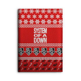 Обложка для автодокументов с принтом Праздничный System of a Down в Екатеринбурге, натуральная кожа |  размер 19,9*13 см; внутри 4 больших “конверта” для документов и один маленький отдел — туда идеально встанут права | soad | soil | system of a down | группа | дав | дарон малакян | джон долмаян | знак | красный | надпись | новогодний | новый год | оф | праздник | рождество | рок | серж танкян | систем | снежинки | соад | сод | соэд