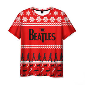 Мужская футболка 3D с принтом Праздничный The Beatles в Екатеринбурге, 100% полиэфир | прямой крой, круглый вырез горловины, длина до линии бедер | beatles | the beatles | бител | битлз | битлс | битлы | группа | джон леннон | джордж харрисон | жуки | знак | красный | ливерпульская четвёрка | мерсибит | надпись | новогодний | новый год | пол маккартни | поп