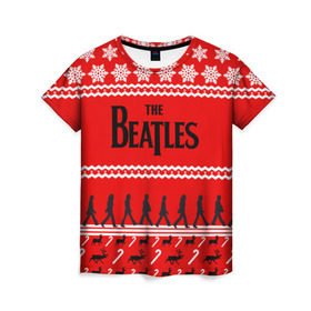 Женская футболка 3D с принтом Праздничный The Beatles в Екатеринбурге, 100% полиэфир ( синтетическое хлопкоподобное полотно) | прямой крой, круглый вырез горловины, длина до линии бедер | beatles | the beatles | бител | битлз | битлс | битлы | группа | джон леннон | джордж харрисон | жуки | знак | красный | ливерпульская четвёрка | мерсибит | надпись | новогодний | новый год | пол маккартни | поп
