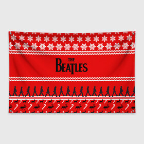 Флаг-баннер с принтом Праздничный The Beatles в Екатеринбурге, 100% полиэстер | размер 67 х 109 см, плотность ткани — 95 г/м2; по краям флага есть четыре люверса для крепления | beatles | the beatles | бител | битлз | битлс | битлы | группа | джон леннон | джордж харрисон | жуки | знак | красный | ливерпульская четвёрка | мерсибит | надпись | новогодний | новый год | пол маккартни | поп