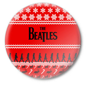 Значок с принтом Праздничный The Beatles в Екатеринбурге,  металл | круглая форма, металлическая застежка в виде булавки | Тематика изображения на принте: beatles | the beatles | бител | битлз | битлс | битлы | группа | джон леннон | джордж харрисон | жуки | знак | красный | ливерпульская четвёрка | мерсибит | надпись | новогодний | новый год | пол маккартни | поп