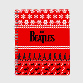Тетрадь с принтом Праздничный The Beatles в Екатеринбурге, 100% бумага | 48 листов, плотность листов — 60 г/м2, плотность картонной обложки — 250 г/м2. Листы скреплены сбоку удобной пружинной спиралью. Уголки страниц и обложки скругленные. Цвет линий — светло-серый
 | beatles | the beatles | бител | битлз | битлс | битлы | группа | джон леннон | джордж харрисон | жуки | знак | красный | ливерпульская четвёрка | мерсибит | надпись | новогодний | новый год | пол маккартни | поп