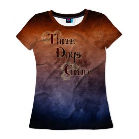 Женская футболка 3D с принтом Three Days Grace в Екатеринбурге, 100% полиэфир ( синтетическое хлопкоподобное полотно) | прямой крой, круглый вырез горловины, длина до линии бедер | band | metal | music | rock | атрибутика | группа | метал | музыка | рок