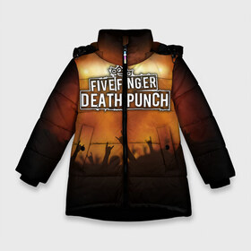Зимняя куртка для девочек 3D с принтом Five Finger Death Punch в Екатеринбурге, ткань верха — 100% полиэстер; подклад — 100% полиэстер, утеплитель — 100% полиэстер. | длина ниже бедра, удлиненная спинка, воротник стойка и отстегивающийся капюшон. Есть боковые карманы с листочкой на кнопках, утяжки по низу изделия и внутренний карман на молнии. 

Предусмотрены светоотражающий принт на спинке, радужный светоотражающий элемент на пуллере молнии и на резинке для утяжки. | band | five finger death punch | metal | music | rock | атрибутика | группа | метал | музыка | рок
