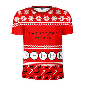 Мужская футболка 3D спортивная с принтом Праздничный Twenty One Pilots в Екатеринбурге, 100% полиэстер с улучшенными характеристиками | приталенный силуэт, круглая горловина, широкие плечи, сужается к линии бедра | 21 pilots | красный | новогодний | рождество | снежинки