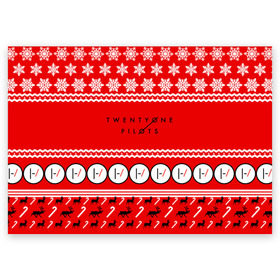 Поздравительная открытка с принтом Праздничный Twenty One Pilots в Екатеринбурге, 100% бумага | плотность бумаги 280 г/м2, матовая, на обратной стороне линовка и место для марки
 | 21 pilots | красный | новогодний | рождество | снежинки