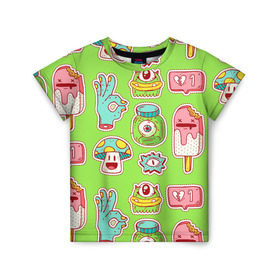 Детская футболка 3D с принтом Страшилки монстрики в Екатеринбурге, 100% гипоаллергенный полиэфир | прямой крой, круглый вырез горловины, длина до линии бедер, чуть спущенное плечо, ткань немного тянется | глаз | монстр | мороженое | мультик | приведение | розовый | ужасы | улыбка | цветная