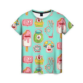 Женская футболка 3D с принтом Яркие монстрики в Екатеринбурге, 100% полиэфир ( синтетическое хлопкоподобное полотно) | прямой крой, круглый вырез горловины, длина до линии бедер | глаз | монстр | мороженое | мультик | приведение | розовый | ужасы | улыбка | цветная