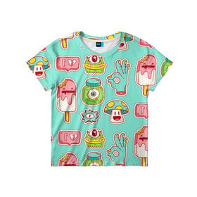 Детская футболка 3D с принтом Яркие монстрики в Екатеринбурге, 100% гипоаллергенный полиэфир | прямой крой, круглый вырез горловины, длина до линии бедер, чуть спущенное плечо, ткань немного тянется | глаз | монстр | мороженое | мультик | приведение | розовый | ужасы | улыбка | цветная