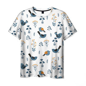 Мужская футболка 3D с принтом Воробушки в Екатеринбурге, 100% полиэфир | прямой крой, круглый вырез горловины, длина до линии бедер | воробей | зяблик | минимализм | паттерн | птицы | цветы | чиж