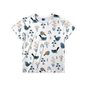 Детская футболка 3D с принтом Воробушки в Екатеринбурге, 100% гипоаллергенный полиэфир | прямой крой, круглый вырез горловины, длина до линии бедер, чуть спущенное плечо, ткань немного тянется | Тематика изображения на принте: воробей | зяблик | минимализм | паттерн | птицы | цветы | чиж