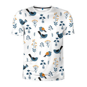 Мужская футболка 3D спортивная с принтом Воробушки в Екатеринбурге, 100% полиэстер с улучшенными характеристиками | приталенный силуэт, круглая горловина, широкие плечи, сужается к линии бедра | воробей | зяблик | минимализм | паттерн | птицы | цветы | чиж