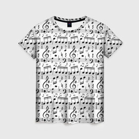 Женская футболка 3D с принтом Нотный стан в Екатеринбурге, 100% полиэфир ( синтетическое хлопкоподобное полотно) | прямой крой, круглый вырез горловины, длина до линии бедер | бемоль | диез | до | ля | ми | ноты | октава | паттерн | ре | си | скрипичный ключ | соль | фа