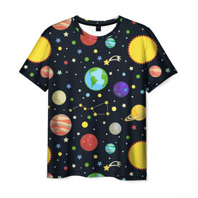 Мужская футболка 3D с принтом Солнечная система в Екатеринбурге, 100% полиэфир | прямой крой, круглый вырез горловины, длина до линии бедер | большая медведица | венера | звезда | звезды | земля | космос | марс | меркурий | паттерн | сатурн | созвездия | солнце | уран | юпитер