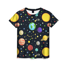 Женская футболка 3D с принтом Солнечная система в Екатеринбурге, 100% полиэфир ( синтетическое хлопкоподобное полотно) | прямой крой, круглый вырез горловины, длина до линии бедер | большая медведица | венера | звезда | звезды | земля | космос | марс | меркурий | паттерн | сатурн | созвездия | солнце | уран | юпитер