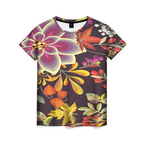 Женская футболка 3D с принтом Осенние мотивы в Екатеринбурге, 100% полиэфир ( синтетическое хлопкоподобное полотно) | прямой крой, круглый вырез горловины, длина до линии бедер | fashion | flower | акварельные цветы | краски | осень | природа | рисованные цветы | розы | цветы