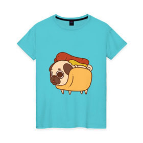 Женская футболка хлопок с принтом мопс-хотдог в Екатеринбурге, 100% хлопок | прямой крой, круглый вырез горловины, длина до линии бедер, слегка спущенное плечо | pug | мопс