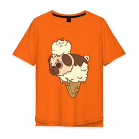 Мужская футболка хлопок Oversize с принтом мопс-мороженое в Екатеринбурге, 100% хлопок | свободный крой, круглый ворот, “спинка” длиннее передней части | pug | мопс
