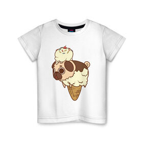Детская футболка хлопок с принтом мопс-мороженое в Екатеринбурге, 100% хлопок | круглый вырез горловины, полуприлегающий силуэт, длина до линии бедер | Тематика изображения на принте: pug | мопс