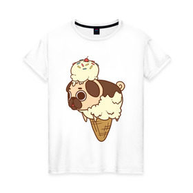 Женская футболка хлопок с принтом мопс-мороженое в Екатеринбурге, 100% хлопок | прямой крой, круглый вырез горловины, длина до линии бедер, слегка спущенное плечо | pug | мопс