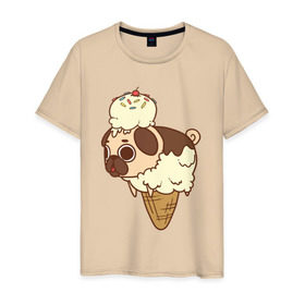 Мужская футболка хлопок с принтом мопс-мороженое в Екатеринбурге, 100% хлопок | прямой крой, круглый вырез горловины, длина до линии бедер, слегка спущенное плечо. | pug | мопс