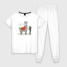 Женская пижама хлопок с принтом alpaca-llama в Екатеринбурге, 100% хлопок | брюки и футболка прямого кроя, без карманов, на брюках мягкая резинка на поясе и по низу штанин | alpaca | llama | альпака | кактус | лама