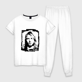 Женская пижама хлопок с принтом Nirvana Курт Кобейн в Екатеринбурге, 100% хлопок | брюки и футболка прямого кроя, без карманов, на брюках мягкая резинка на поясе и по низу штанин | cobain | kurt | nirvana | альтернативный | гранж | грол | группа | дональд | кобейн | курт | музыка | музыкант | надпись | нервана | нирвана | новоселич | певец | рок | смайл | смайлик | солист | язык