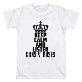 Мужская футболка хлопок с принтом Keep calm and listen Guns-n-roses в Екатеринбурге, 100% хлопок | прямой крой, круглый вырез горловины, длина до линии бедер, слегка спущенное плечо. | guns n roses | gunsnroses | ганз н роус | ганзес роус | ганзесроус | ганзнроус | дафф маккаган | диззи рид | мелисса риз | ричард фортус | рок | слэш | франк феррер | эксл роуз