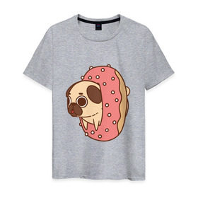Мужская футболка хлопок с принтом мопс-пончик в Екатеринбурге, 100% хлопок | прямой крой, круглый вырез горловины, длина до линии бедер, слегка спущенное плечо. | Тематика изображения на принте: pug | мопс