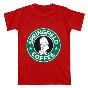 Мужская футболка хлопок с принтом Springfield Coffee в Екатеринбурге, 100% хлопок | прямой крой, круглый вырез горловины, длина до линии бедер, слегка спущенное плечо. | homer | simpsons | гомер | лого | спрингфилд | старбакс