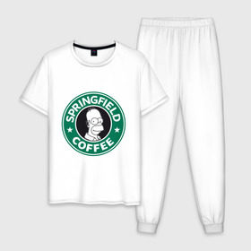 Мужская пижама хлопок с принтом Springfield Coffee в Екатеринбурге, 100% хлопок | брюки и футболка прямого кроя, без карманов, на брюках мягкая резинка на поясе и по низу штанин
 | homer | simpsons | гомер | лого | спрингфилд | старбакс