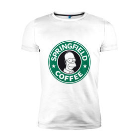 Мужская футболка премиум с принтом Springfield Coffee в Екатеринбурге, 92% хлопок, 8% лайкра | приталенный силуэт, круглый вырез ворота, длина до линии бедра, короткий рукав | Тематика изображения на принте: homer | simpsons | гомер | лого | спрингфилд | старбакс
