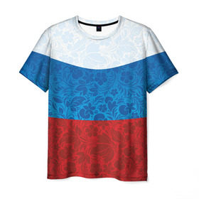 Мужская футболка 3D с принтом Россия хохлома триколор в Екатеринбурге, 100% полиэфир | прямой крой, круглый вырез горловины, длина до линии бедер | russia | россия | россия триколор | россия хохлома | триколор | флаг рф | хозлома | хохлома