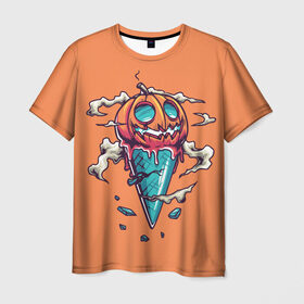 Мужская футболка 3D с принтом Тыквенное мороженое в Екатеринбурге, 100% полиэфир | прямой крой, круглый вырез горловины, длина до линии бедер | день всех святых | мороженое | морожка | оранжевый | рожок | светильник джека | тыква | хеллоуин | хэллоуин