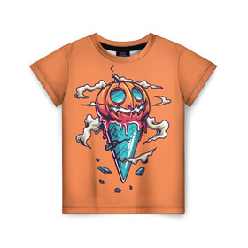 Детская футболка 3D с принтом Тыквенное мороженое в Екатеринбурге, 100% гипоаллергенный полиэфир | прямой крой, круглый вырез горловины, длина до линии бедер, чуть спущенное плечо, ткань немного тянется | день всех святых | мороженое | морожка | оранжевый | рожок | светильник джека | тыква | хеллоуин | хэллоуин