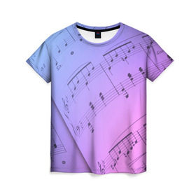 Женская футболка 3D с принтом Ноты в Екатеринбурге, 100% полиэфир ( синтетическое хлопкоподобное полотно) | прямой крой, круглый вырез горловины, длина до линии бедер | guitar | music | piano | гитара | музыка | ноты | пианино