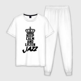 Мужская пижама хлопок с принтом Keep calm and listen Jazz в Екатеринбурге, 100% хлопок | брюки и футболка прямого кроя, без карманов, на брюках мягкая резинка на поясе и по низу штанин
 | jazz | африканские ритмы | афроамериканский | блюз | вокально | гармоническая | джаз | джас | европейская | жаз | жас | инструментальная | музыка | музыкальный | регтайм | структура | фольклор