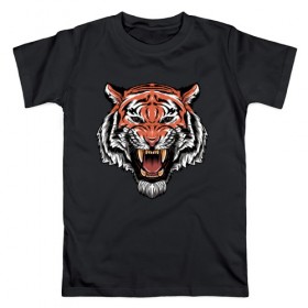Мужская футболка хлопок с принтом Тигр в Екатеринбурге, 100% хлопок | прямой крой, круглый вырез горловины, длина до линии бедер, слегка спущенное плечо. | Тематика изображения на принте: голова | джунгли | животное | зубы | оскал | тигр