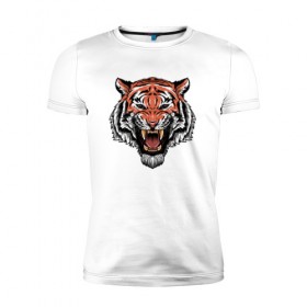 Мужская футболка премиум с принтом Тигр в Екатеринбурге, 92% хлопок, 8% лайкра | приталенный силуэт, круглый вырез ворота, длина до линии бедра, короткий рукав | Тематика изображения на принте: голова | джунгли | животное | зубы | оскал | тигр