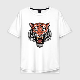 Мужская футболка хлопок Oversize с принтом Тигр в Екатеринбурге, 100% хлопок | свободный крой, круглый ворот, “спинка” длиннее передней части | Тематика изображения на принте: голова | джунгли | животное | зубы | оскал | тигр