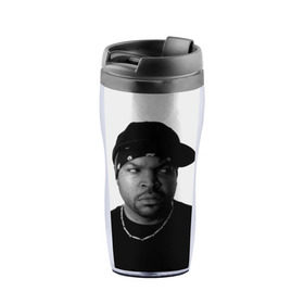 Термокружка-непроливайка с принтом Ice Cube в Екатеринбурге, внутренняя часть — пищевой пластик, наружная часть — прозрачный пластик, между ними — полиграфическая вставка с рисунком | объем — 350 мл, герметичная крышка | Тематика изображения на принте: cube | hiphop | ice | legend | nwa | rap | рэп