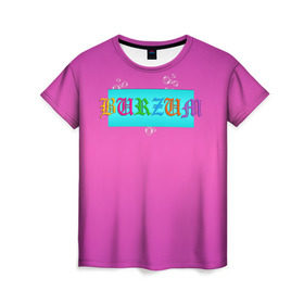 Женская футболка 3D с принтом Burzum в Екатеринбурге, 100% полиэфир ( синтетическое хлопкоподобное полотно) | прямой крой, круглый вырез горловины, длина до линии бедер | band | burzum | fun | logo | metal | music | rock | группа | детский | метал | музыка | прикол | розовый | рок