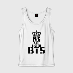 Женская майка хлопок с принтом Keep calm and listen BTS в Екатеринбурге, 95% хлопок, 5% эластан |  | bangtan boys | bts | j hope | jimin | jin | jungkook | k pop | rm | sonyeondan | suga | v | бойз бойс | бойскауты | бтс бенгтан. бангтан | группа | к поп | корейская | пуленепробиваемые | хип хоп