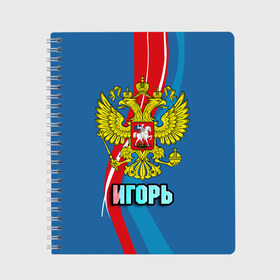 Тетрадь с принтом Герб Игорь в Екатеринбурге, 100% бумага | 48 листов, плотность листов — 60 г/м2, плотность картонной обложки — 250 г/м2. Листы скреплены сбоку удобной пружинной спиралью. Уголки страниц и обложки скругленные. Цвет линий — светло-серый
 | Тематика изображения на принте: герб | гоша | игорь | имена | орел | патриот | россия | страна