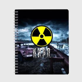 Тетрадь с принтом S T A L K E R - К И Р А в Екатеринбурге, 100% бумага | 48 листов, плотность листов — 60 г/м2, плотность картонной обложки — 250 г/м2. Листы скреплены сбоку удобной пружинной спиралью. Уголки страниц и обложки скругленные. Цвет линий — светло-серый
 | stalker | буквы | волки | грузовик | знак | игра | имя | кира | кирка | кируся | кируша | ммо | мрак | надпись | опасность | припять | птицы | радиация | рпг | сталкер | чернобыль | шутер