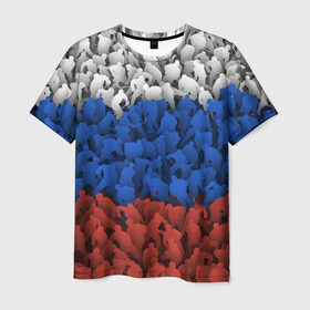 Мужская футболка 3D с принтом Флаг России из хоккеистов в Екатеринбурге, 100% полиэфир | прямой крой, круглый вырез горловины, длина до линии бедер | зима | лед | олимпиада | россия | сборная | спорт | триколор | хокей | хоккеист | хоккей | чемпионат