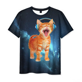 Мужская футболка 3D с принтом Котёнок в наушниках в Екатеринбурге, 100% полиэфир | прямой крой, круглый вырез горловины, длина до линии бедер | Тематика изображения на принте: кот | кошка | музыка